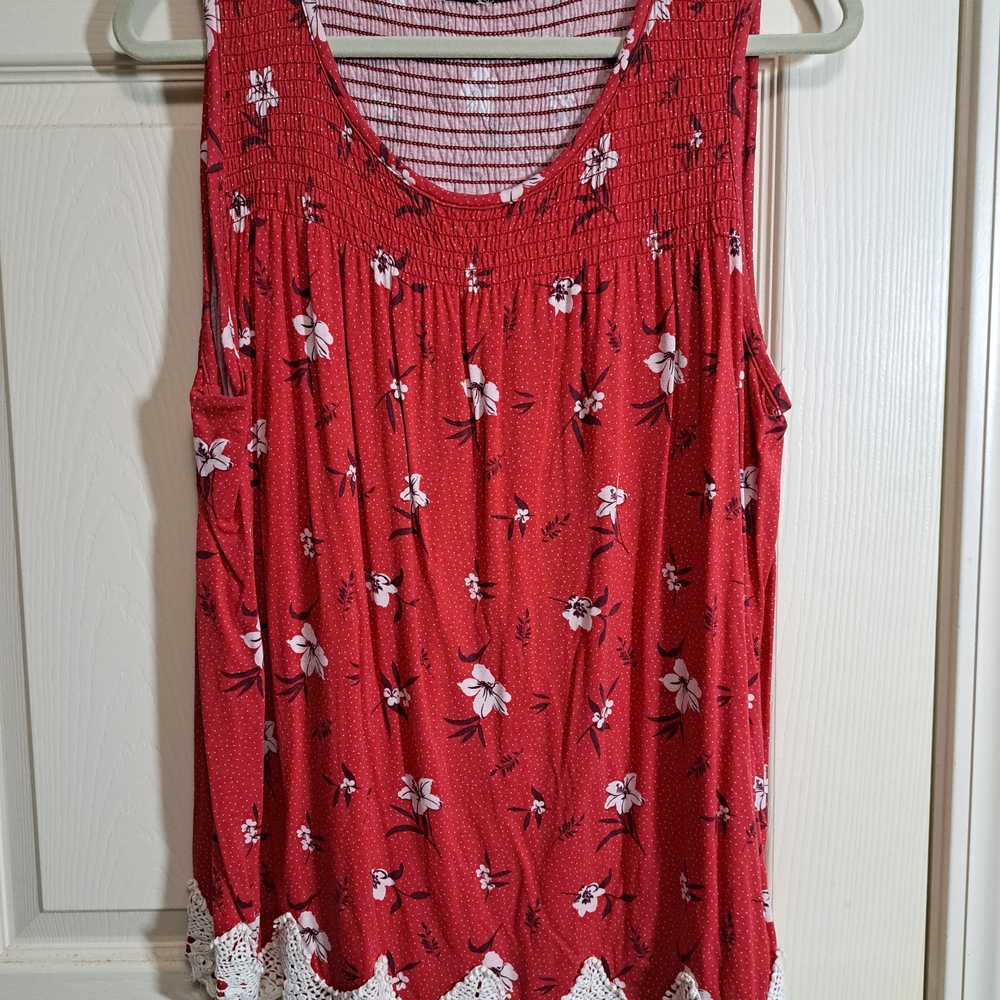 Rewind Red Floral Tank Top with Lace Trim